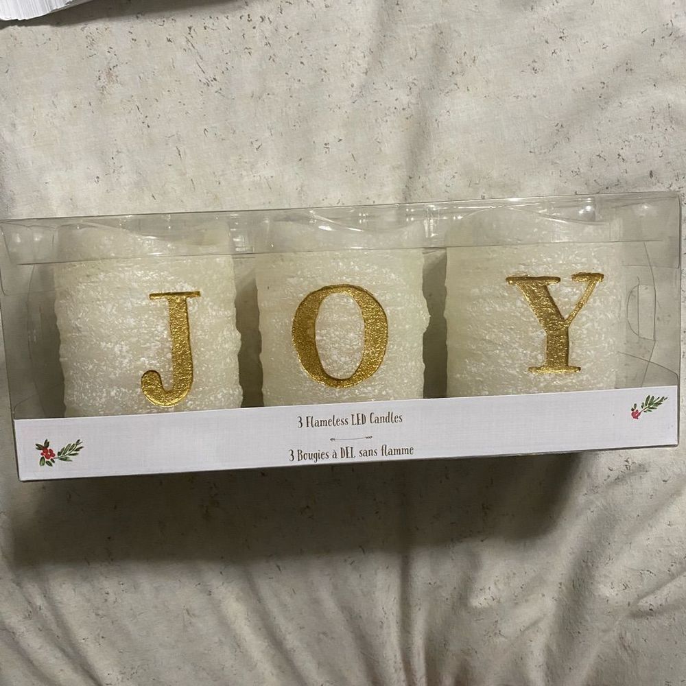 Pier 1, (3) fameless LED candies that spell JOY in gold-made of paraffin wax
